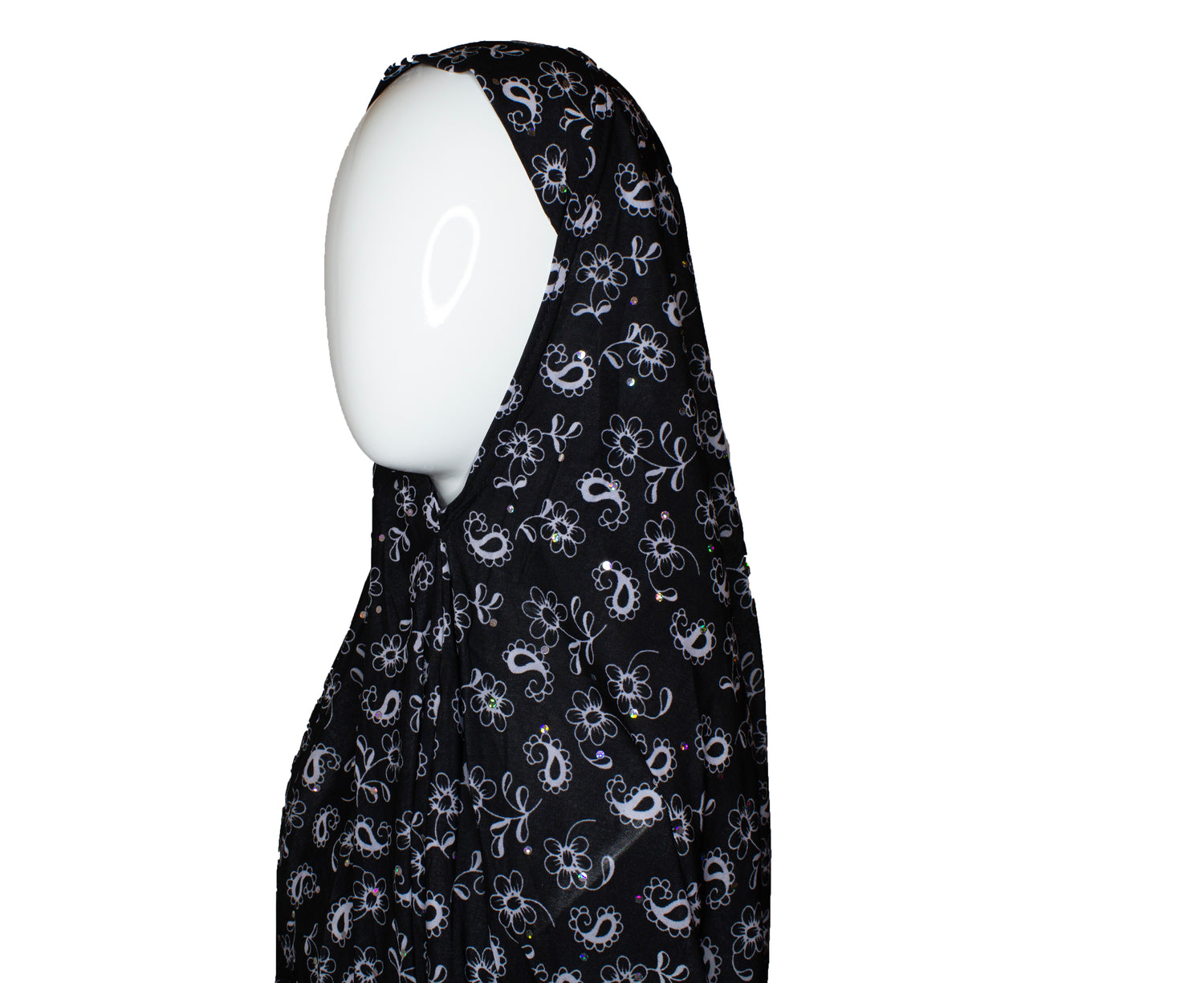 long printed black and white one piece slip on hijab with sequins