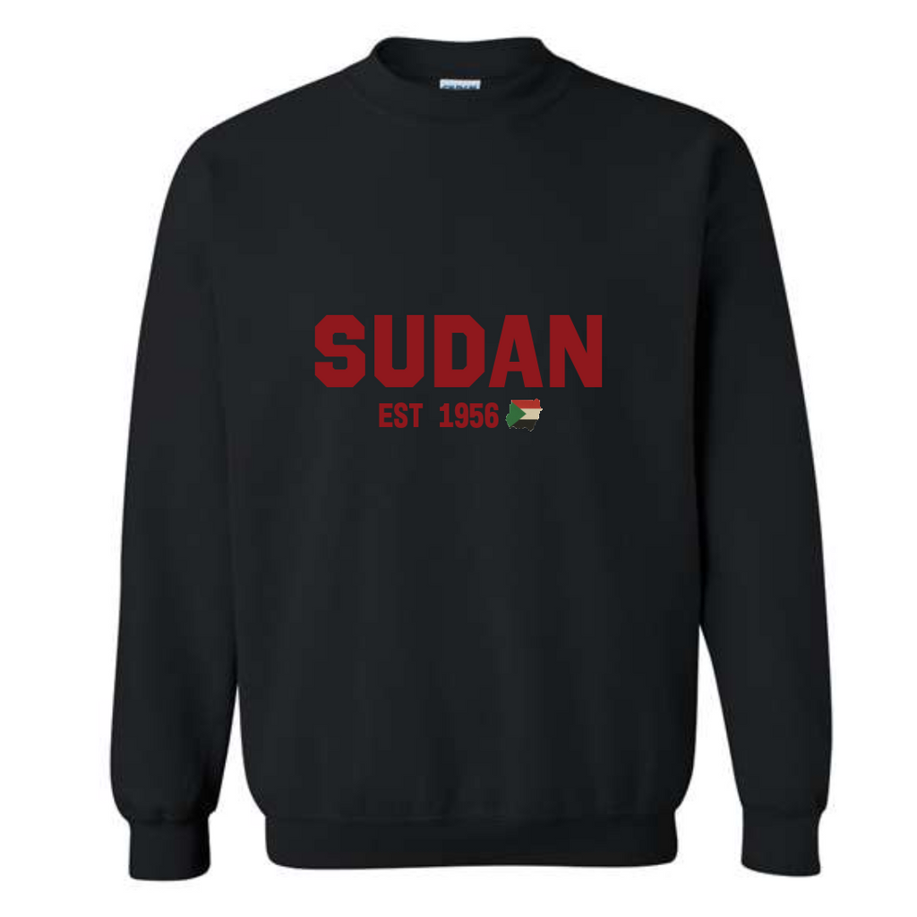 black long sleeve crewneck with sudan written on it in college letters with est 1956 under it and the map with sudan flag filled in