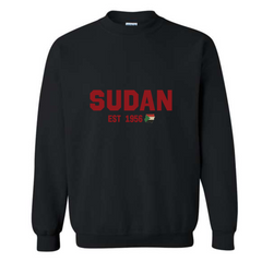 black long sleeve crewneck with sudan written on it in college letters with est 1956 under it and the map with sudan flag filled in