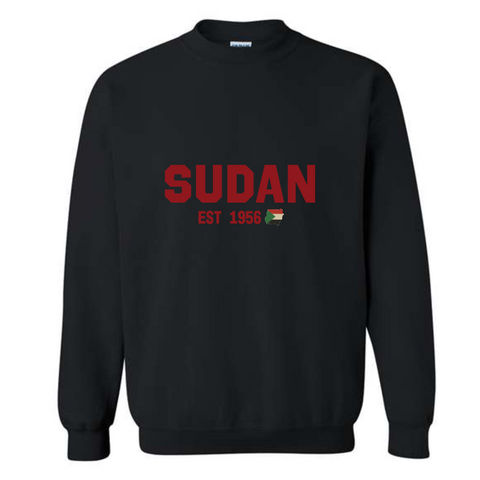 black long sleeve crewneck with sudan written on it in college letters with est 1956 under it and the map with sudan flag filled in