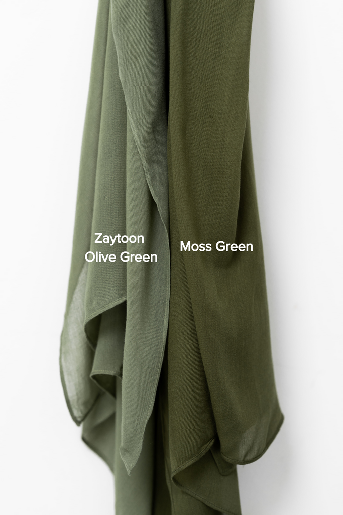 comparisons between zaytoon olive green modal and moss green modal shades