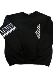 black crewneck sweatshirt with palestine map and keffiyeh designs 