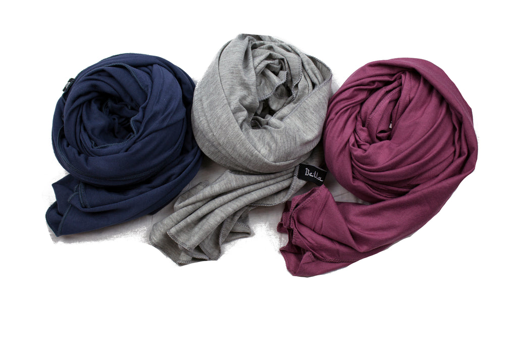 three jersey hijabs bundled together in blush, gray, and navy