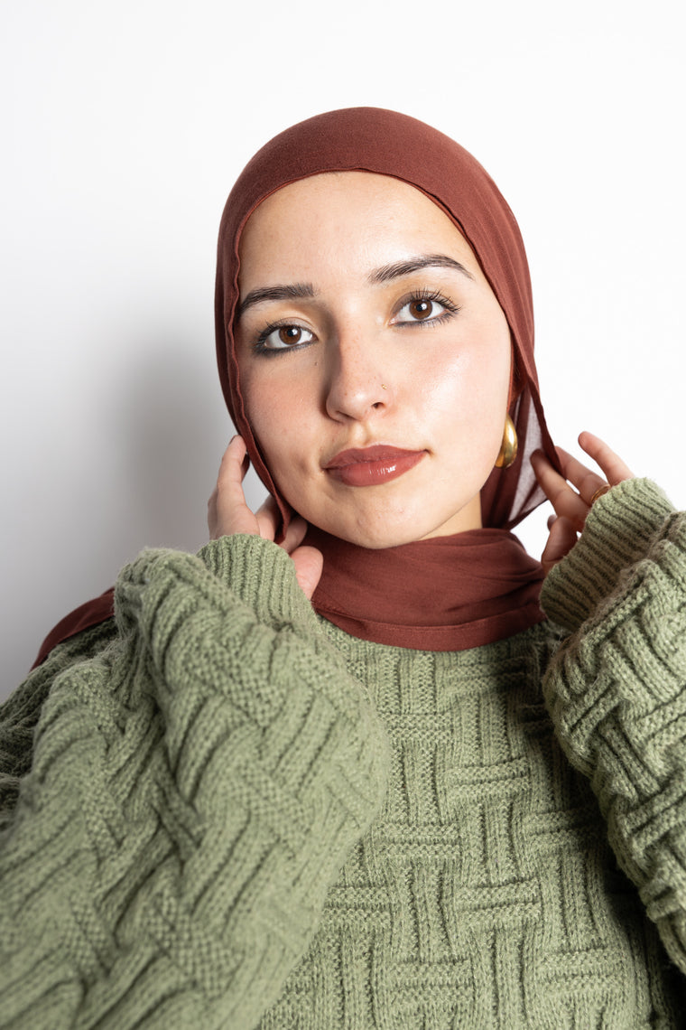 spiced cocoa light brown chocolate brown modal hijab with two models