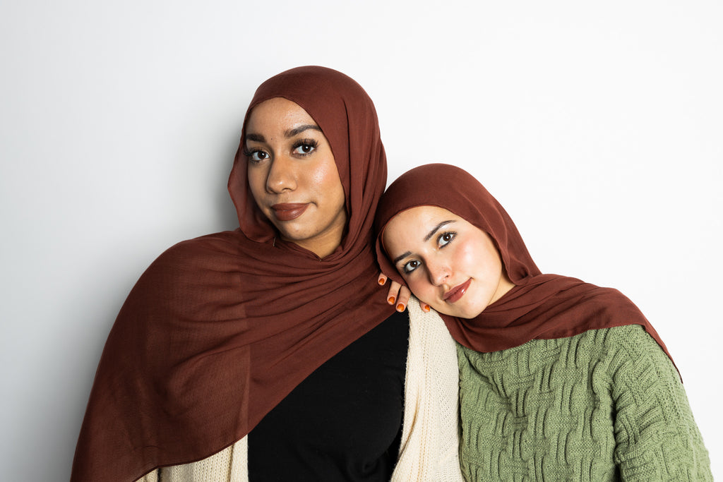spiced cocoa light brown chocolate brown modal hijab with two models