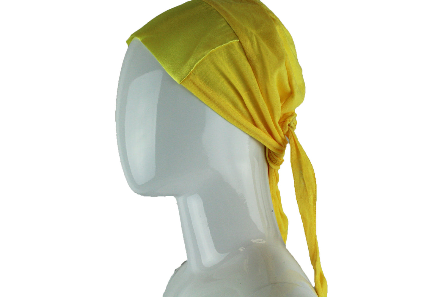 yellow tie back under cap with a satin trim