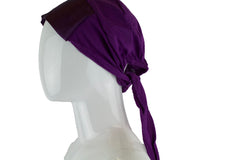 purple tie back under cap with a satin trim
