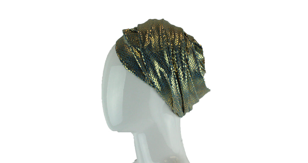 turban wrap in light blue and metallic gold