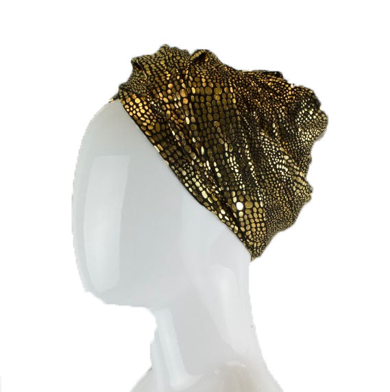 turban wrap in black and metallic gold