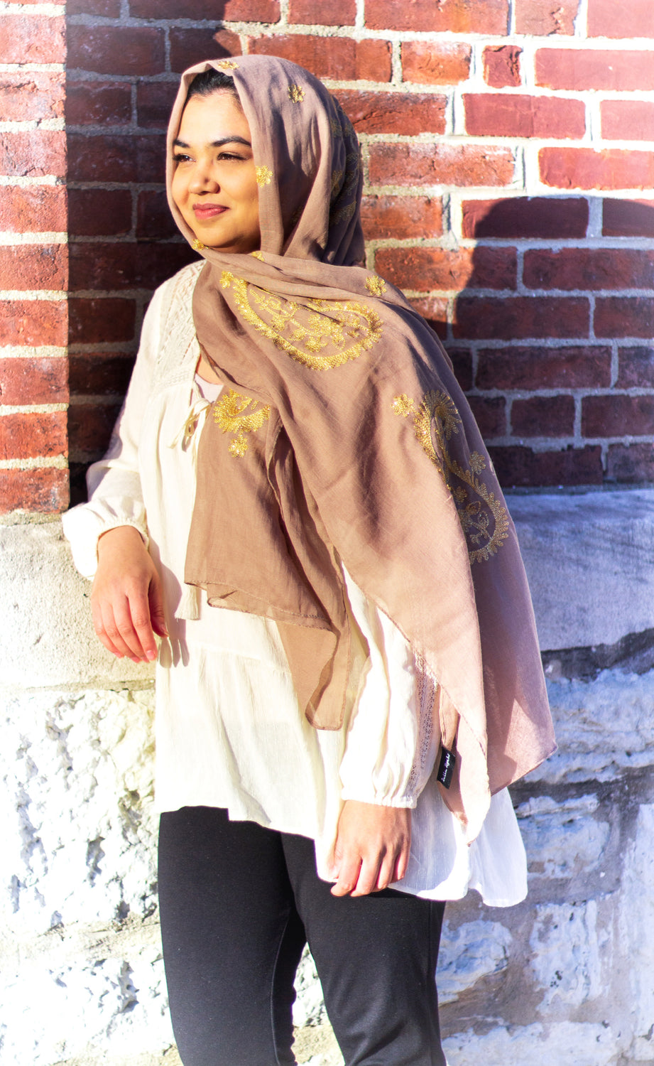 taupe viscose hijab with gold embroidery from bella hijabs