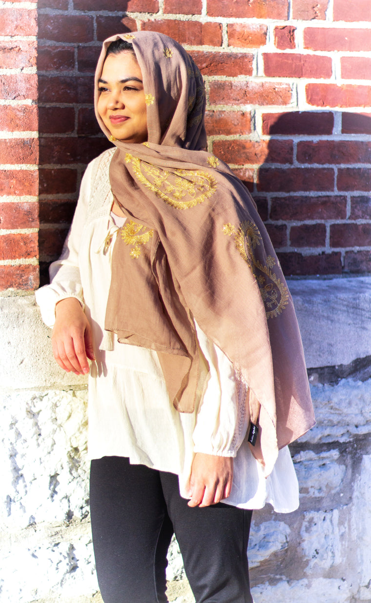Gold Embroidered Hijab - Mocha Browne