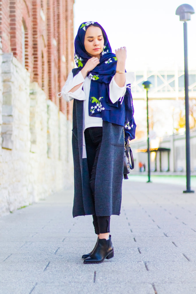 muslim woman wearing a navy floral embroidered hijab in indianapolis
