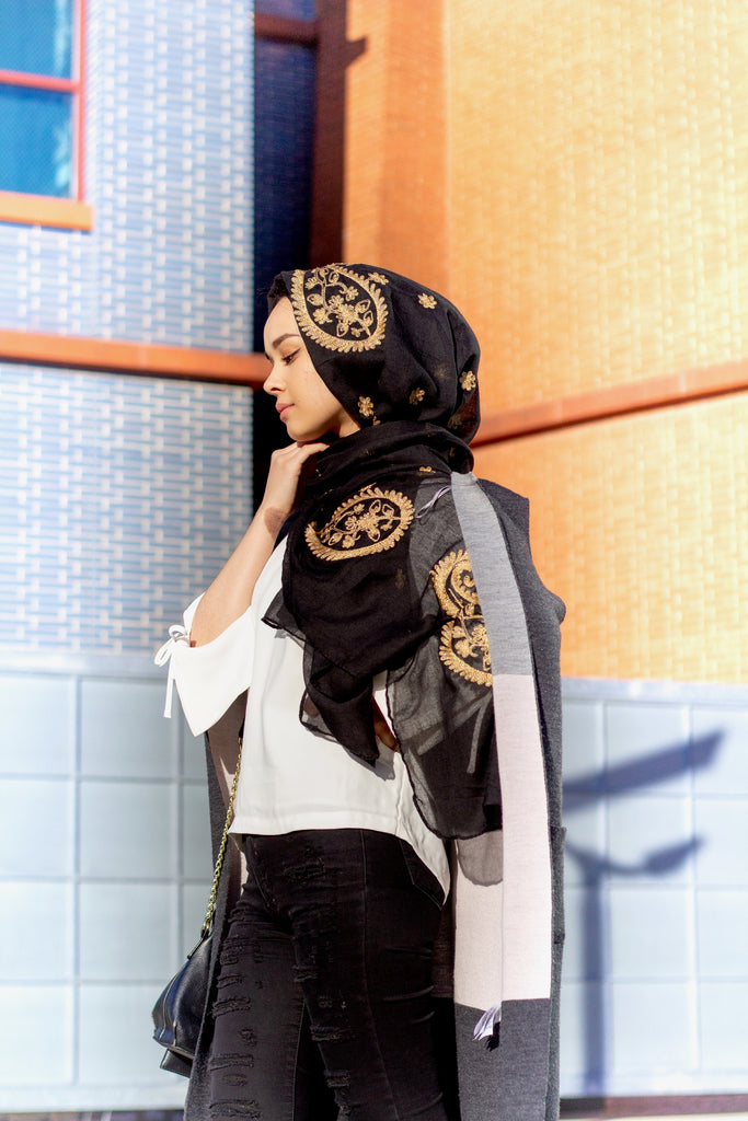 black viscose hijab with gold embroidery from bella hijabs