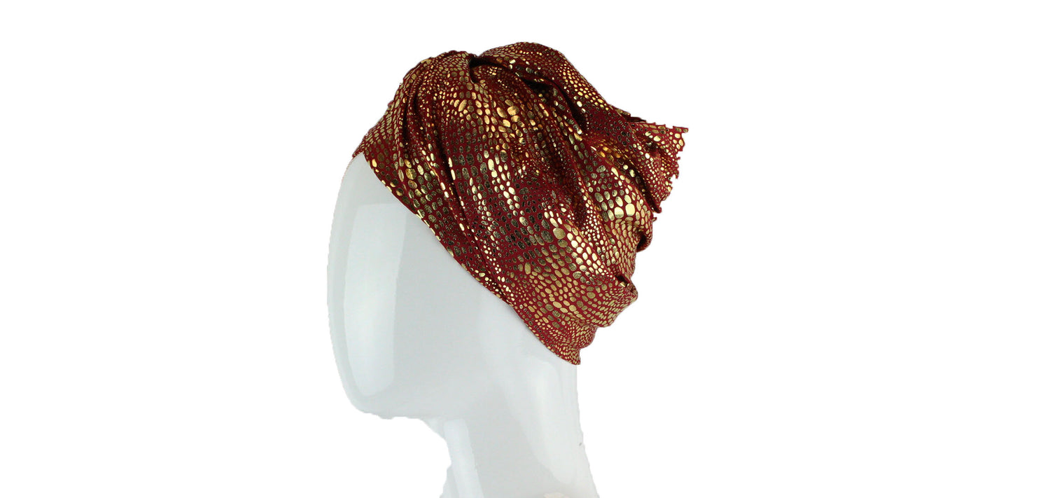 turban wrap in red and metallic gold