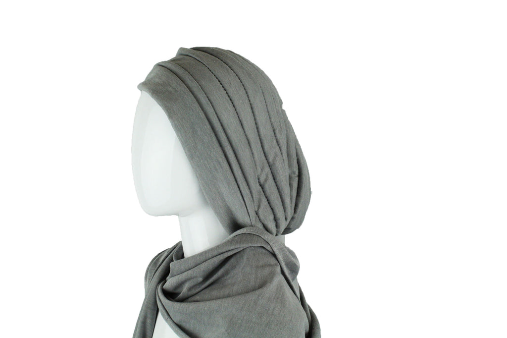 silver gray slip on turban with wrap around hijab attached and pleats