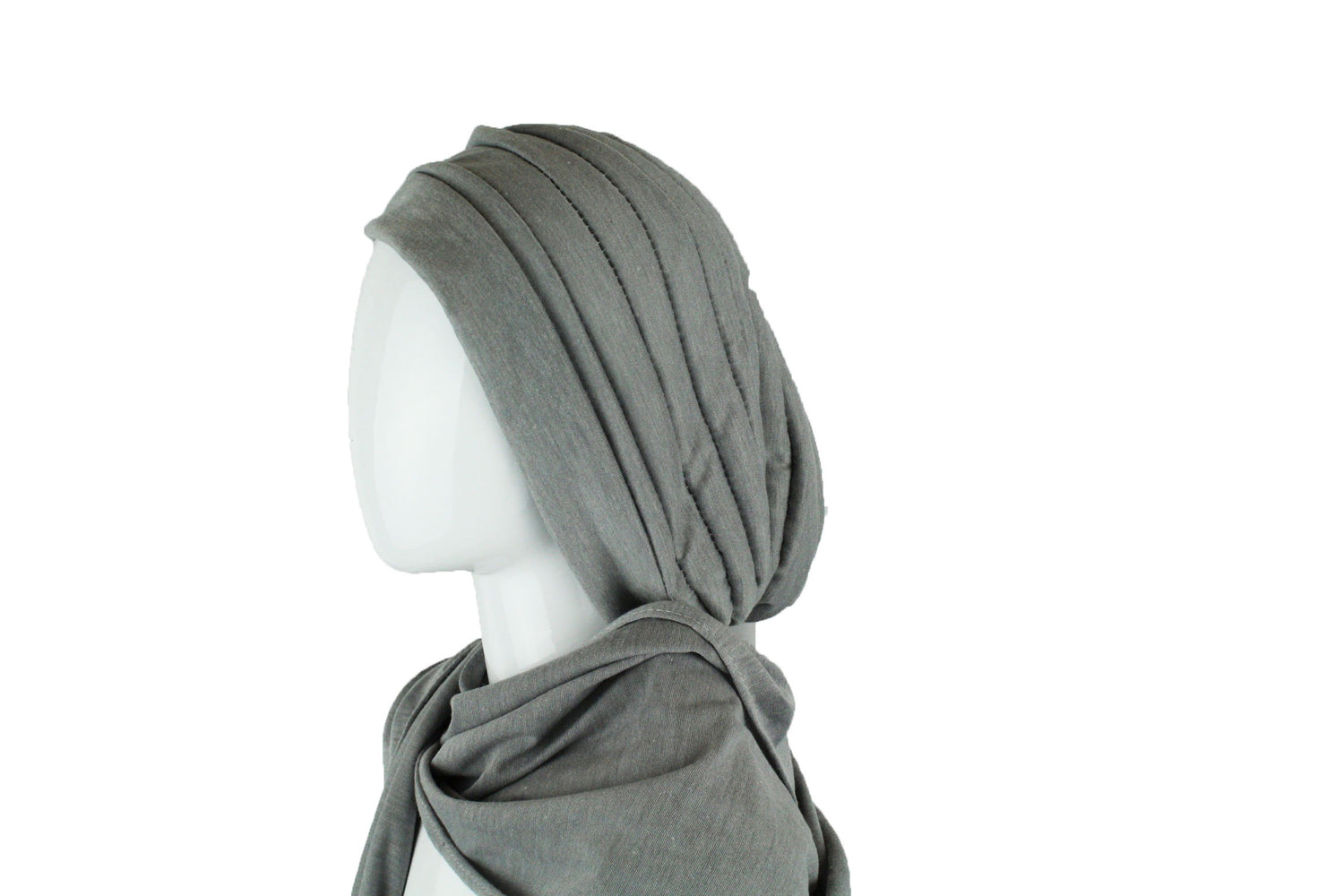 gray silver slip on turban with wrap around hijab attached and pleats