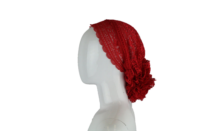 Lace Under Scarf Bonnet Cap - Red