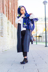 muslim woman wearing a navy floral embroidered hijab in indianapolis