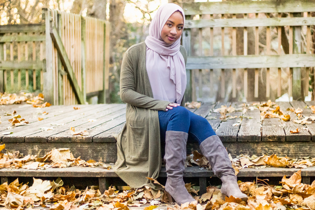 a hijabi wearing a modest cardigan with pockets and chiffon hijab from bella hijabs