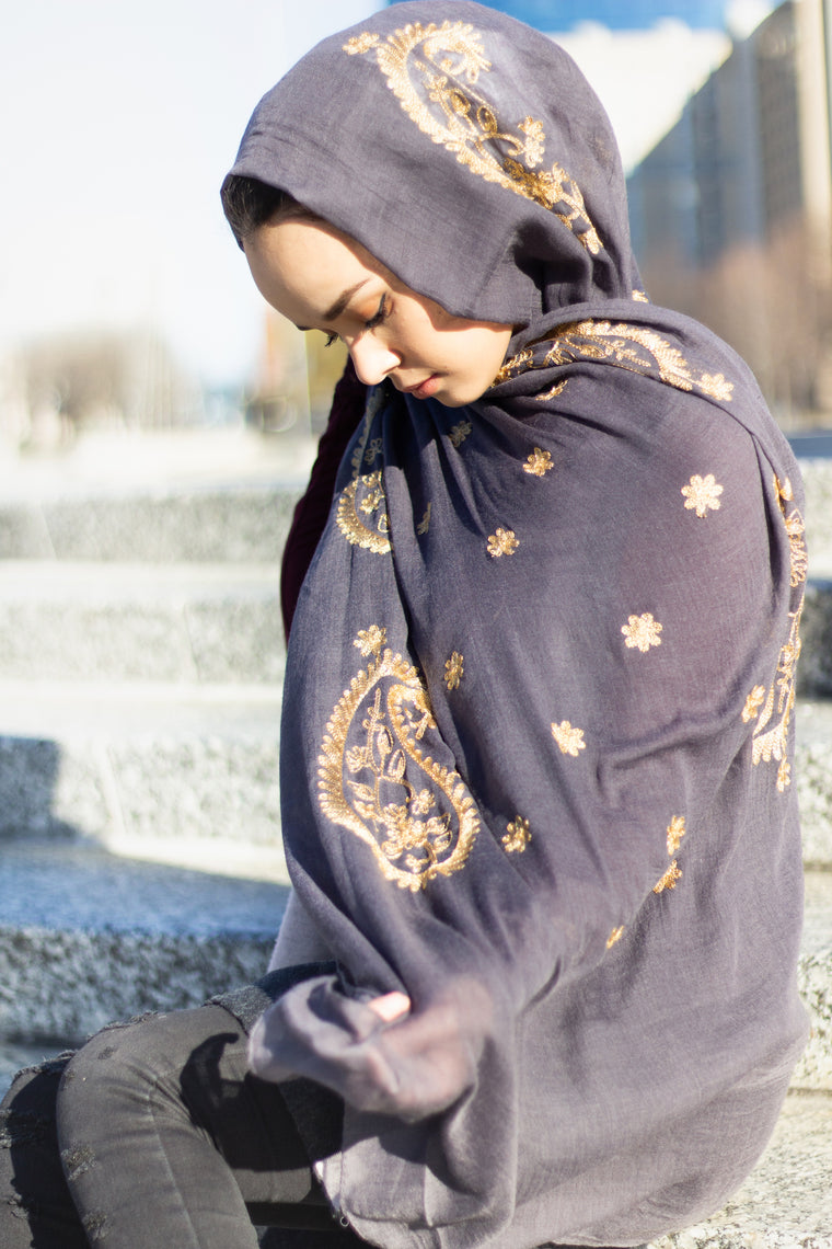Gold Embroidered Hijab - Dark Gray
