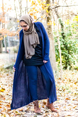 a hijabi wearing a modest maxi cardigan with pockets and chiffon hijab from bella hijabs