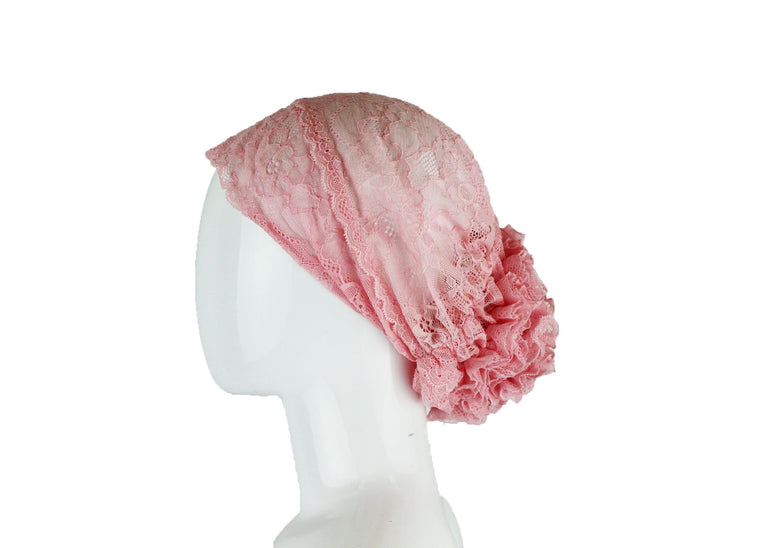 Lace Under Scarf Bonnet Cap - Pink