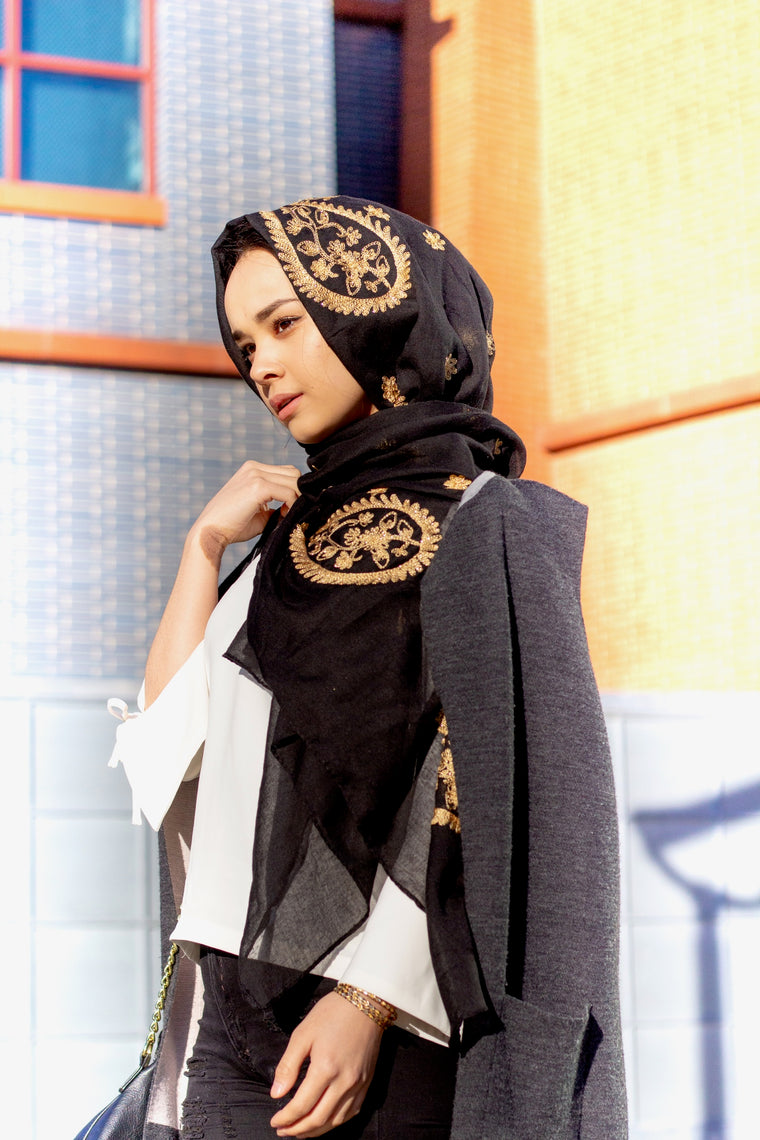 Gold Embroidered Hijab - Black