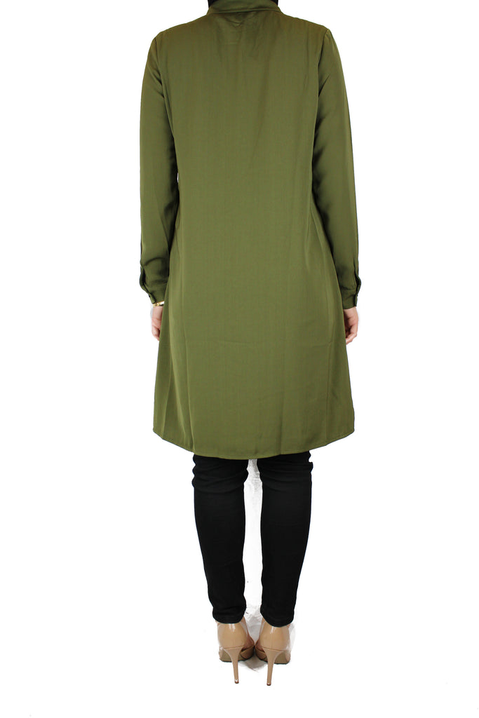 olive modest long sleeved dress shirt with pockets and a collar
