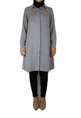 silver modest long sleeved dress shirt with pockets and a collar