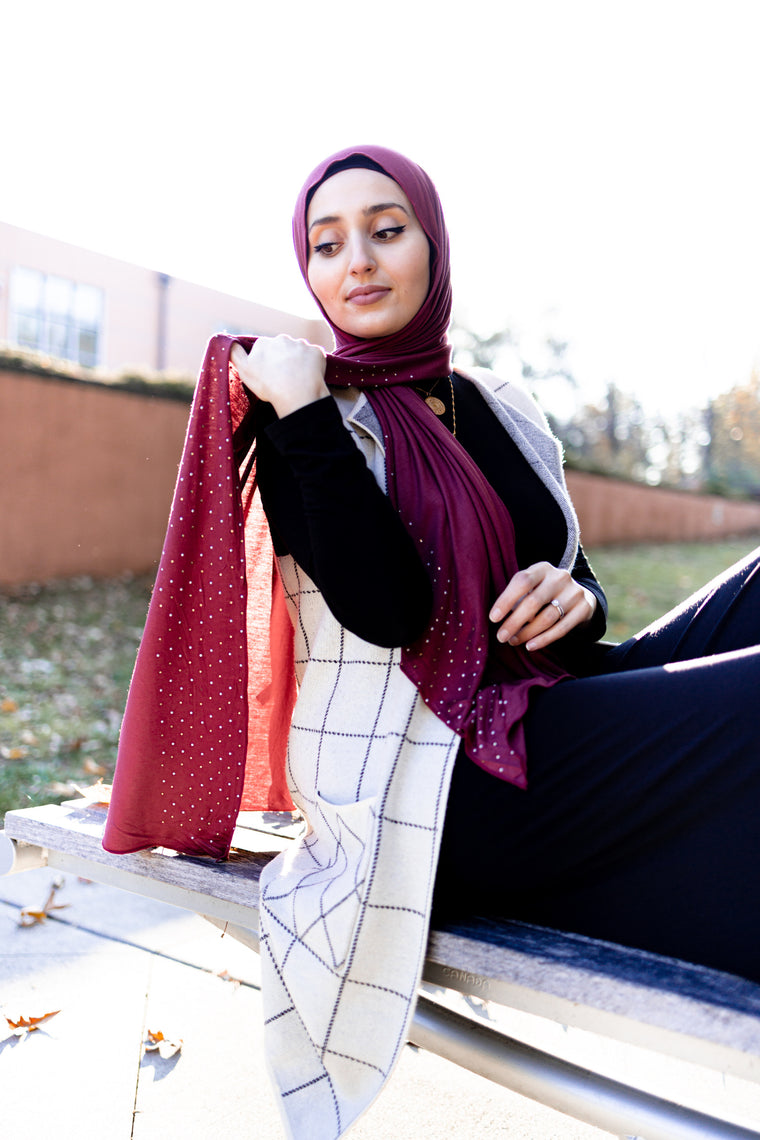 Beaded Jersey Hijab - Deep Maroon