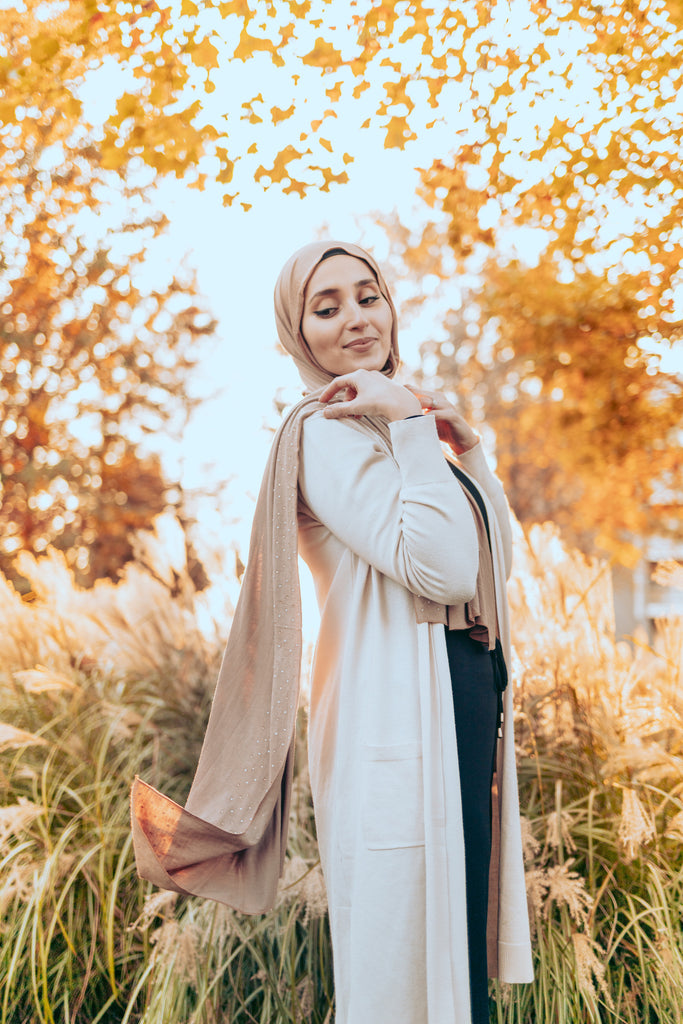 taupe jersey hijab embellished with pearls  Edit alt text