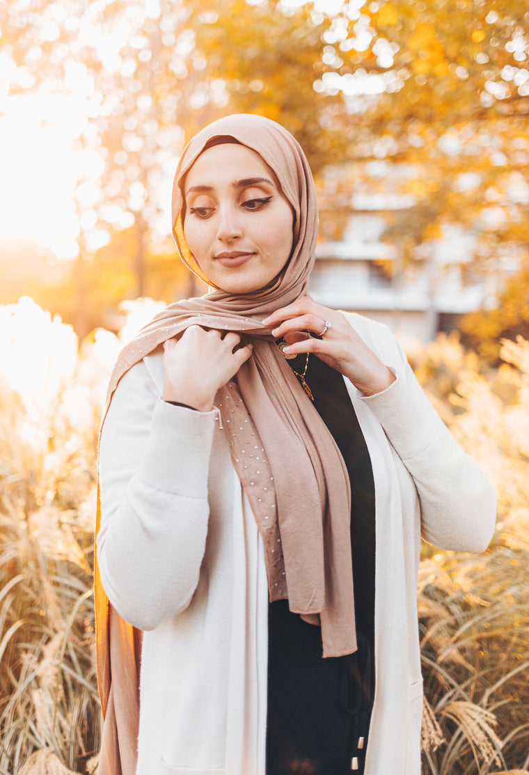 Beaded Jersey Hijab - Taupe