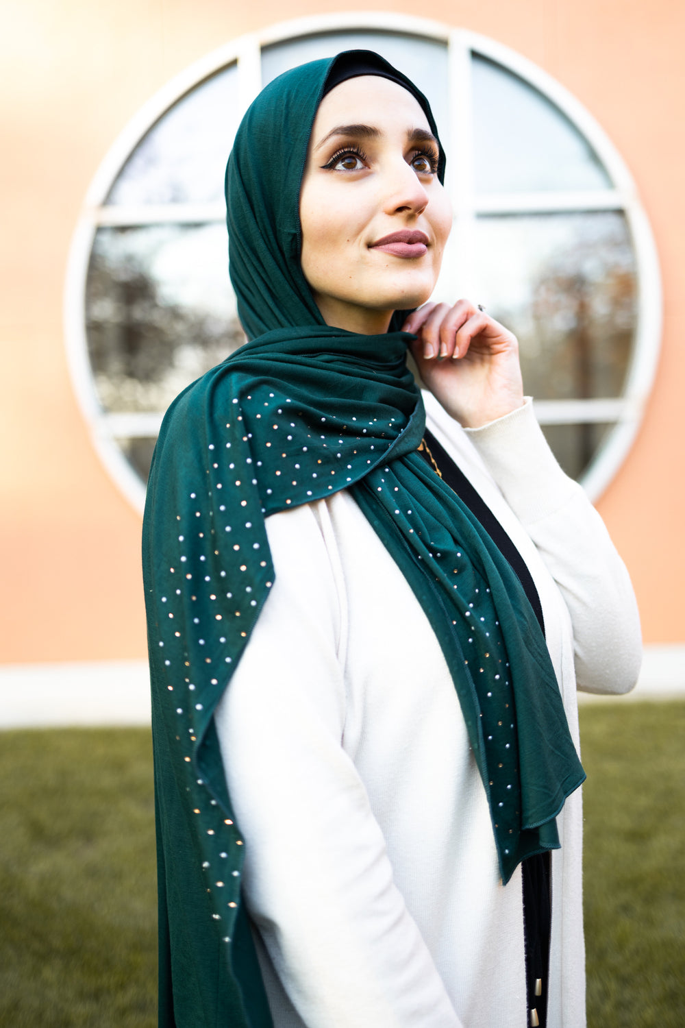forest green jersey hijab embellished with pearls  Edit alt text