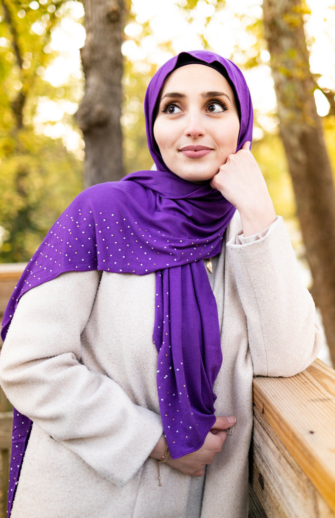 purple jersey hijab embellished with pearls  Edit alt text