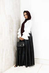 black maxi vegan pleather faux leather pleated skirt with pockets and belt