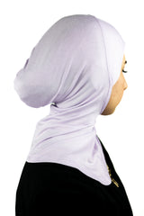 muslim woman wearing a beige blazer and lilac purple ninja underscarf