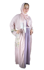 light pink textured long sleeved maxi floral embroidered abaya with waist tie and pockets
