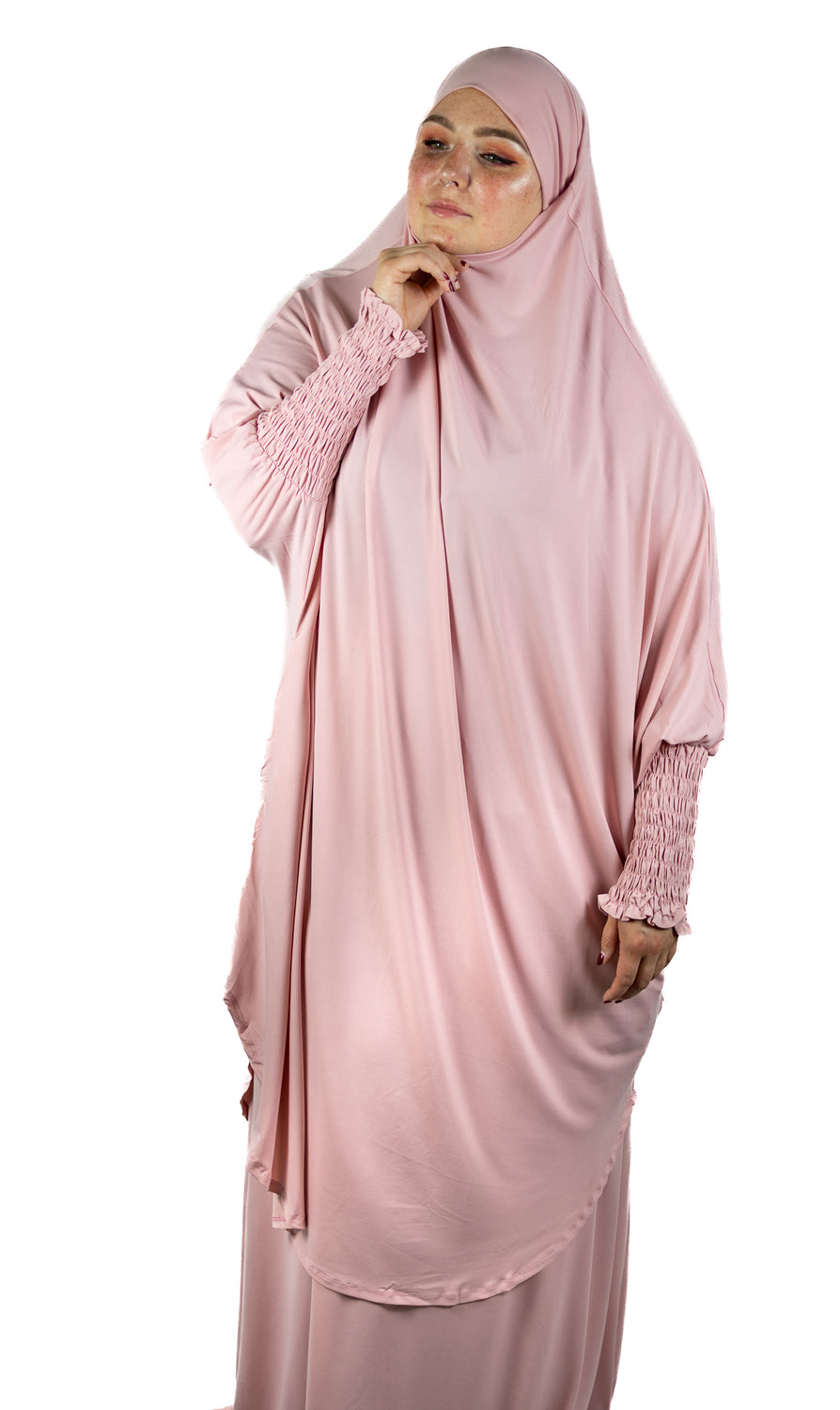 light pink stretchy two piece jilbab prayer set with adjustable hijab with tie and pockets and scrunched up sleeves and skirt