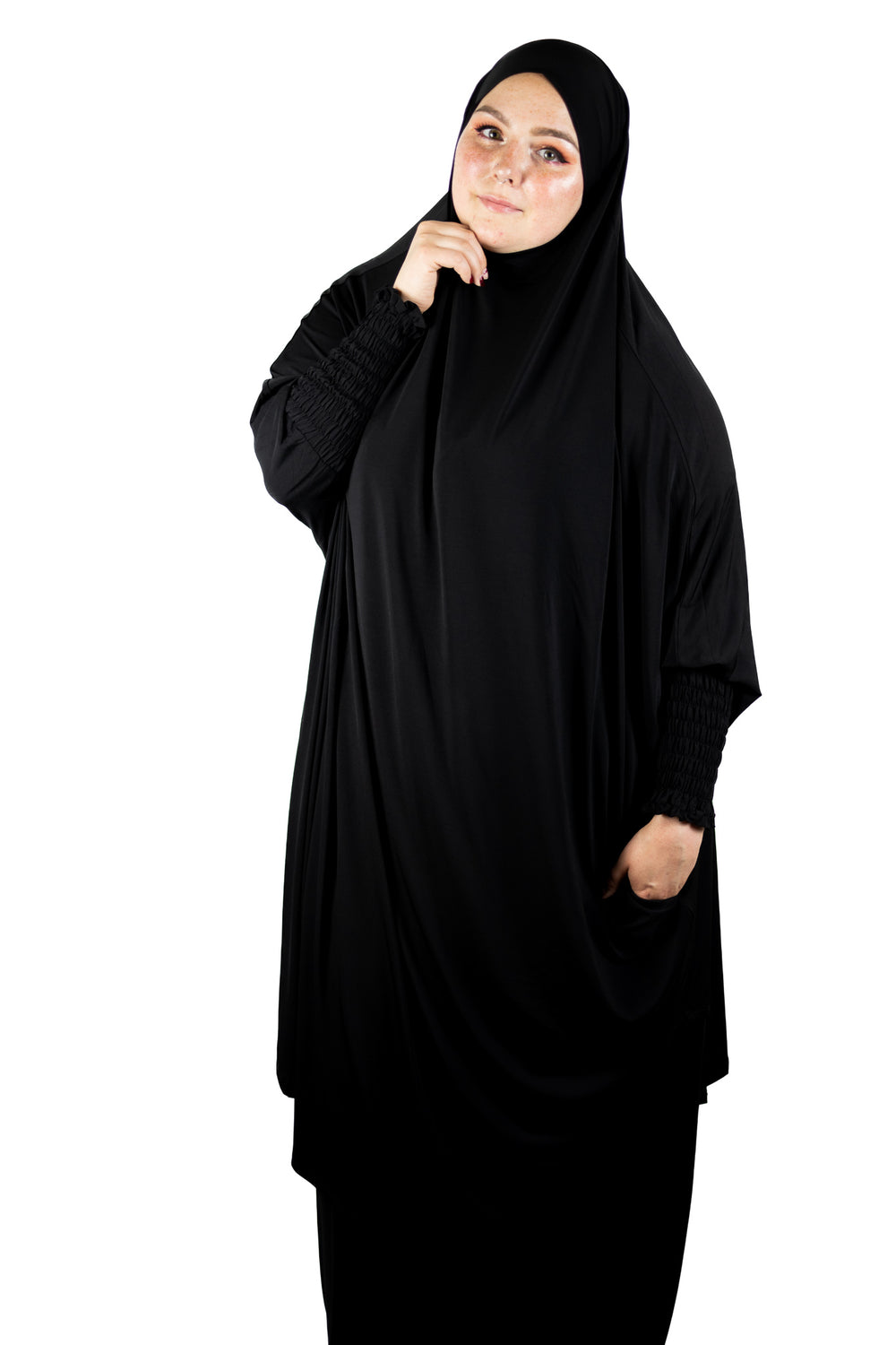black stretchy two piece jilbab prayer set with adjustable hijab with tie and pockets and scrunched up sleeves and skirt