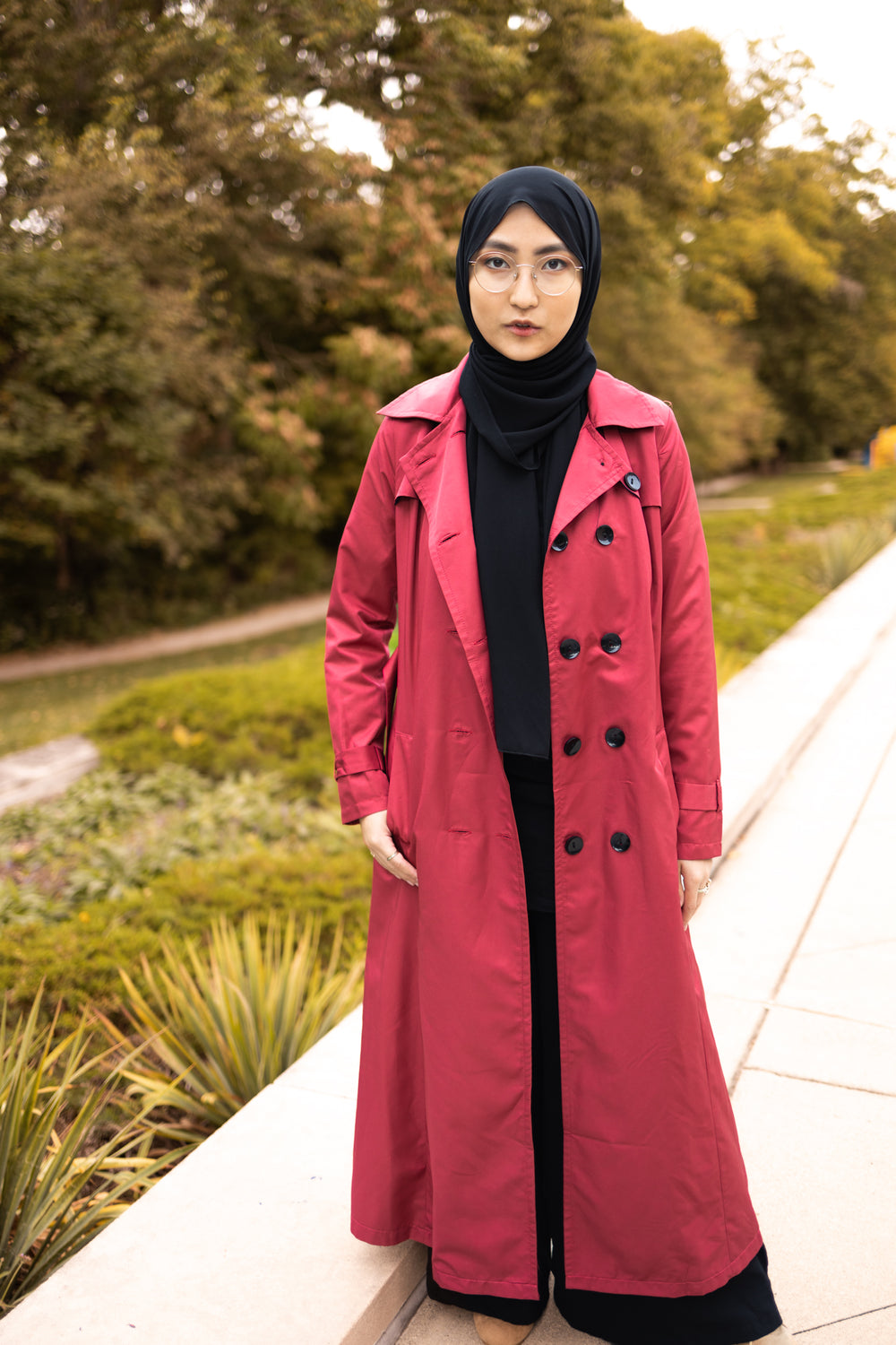 fall red trench coat outfit