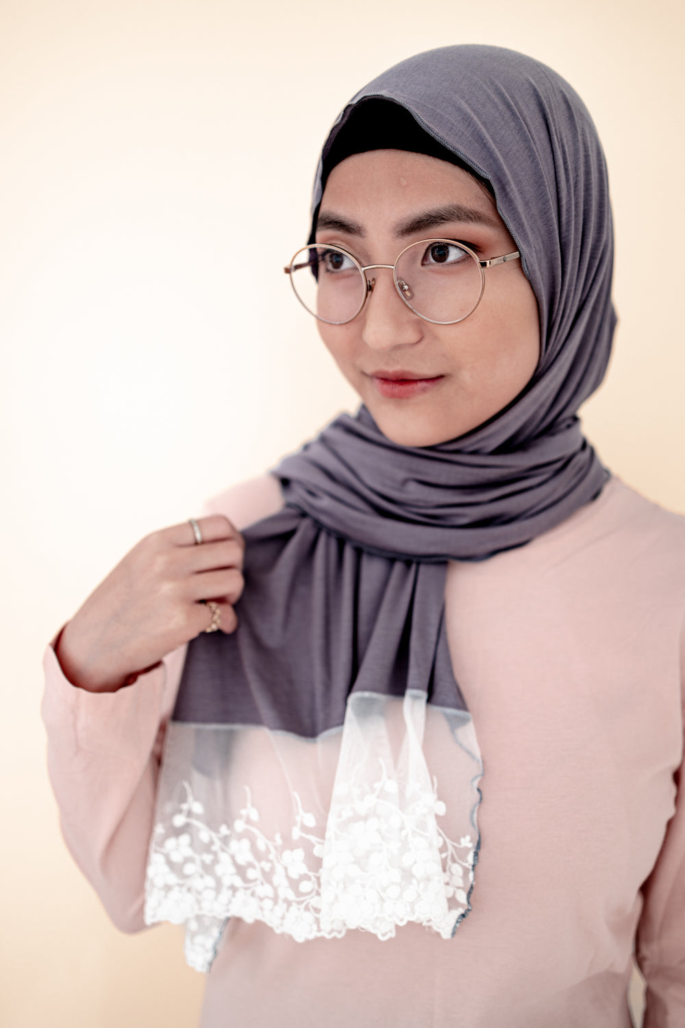 jersey hijab in dark gray with white lace  Edit alt text