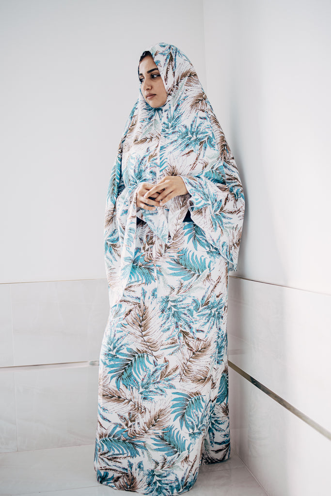 blue and white floral printed two piece prayer set with hijab and adjustable stretchy skirt