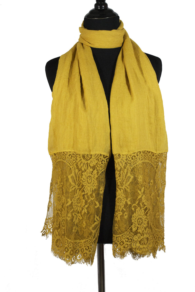 gold yellow premium viscose hijab with lace ends and lace trim