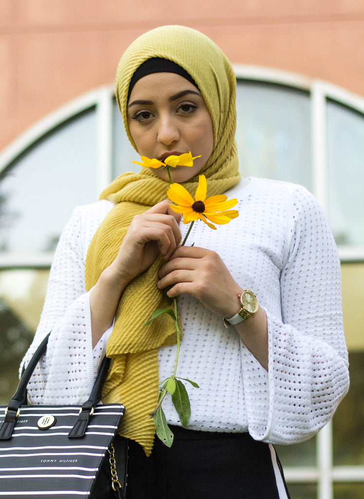 mustard yellow viscose ridge pleated textured hijab