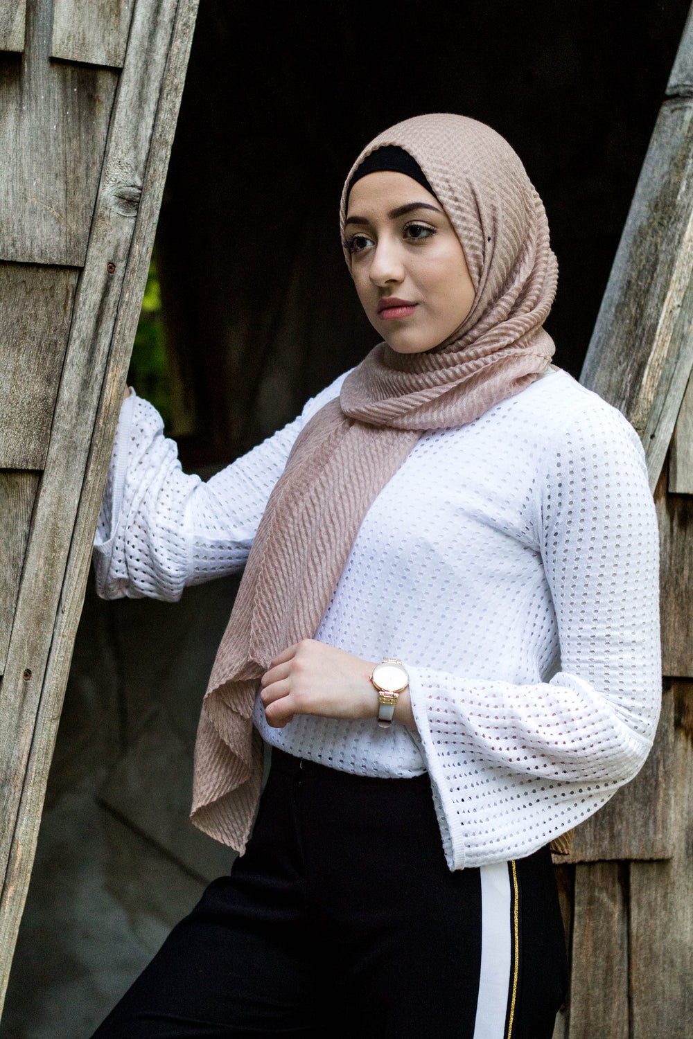 tan brown viscose ridge pleated textured hijab