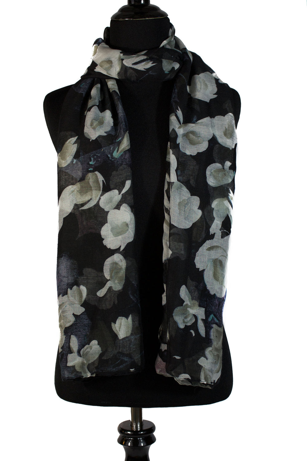 black floral hijab with white flowers 