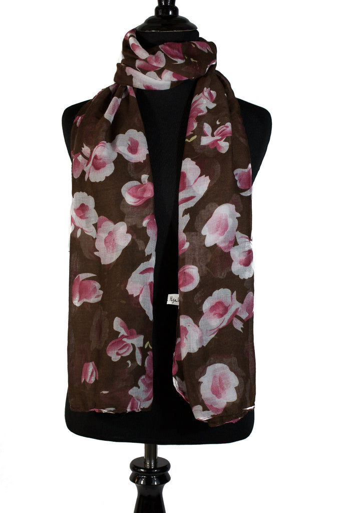 brown floral hijab with white and pink flowers 