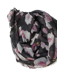 black floral hijab with white and pink flowers 