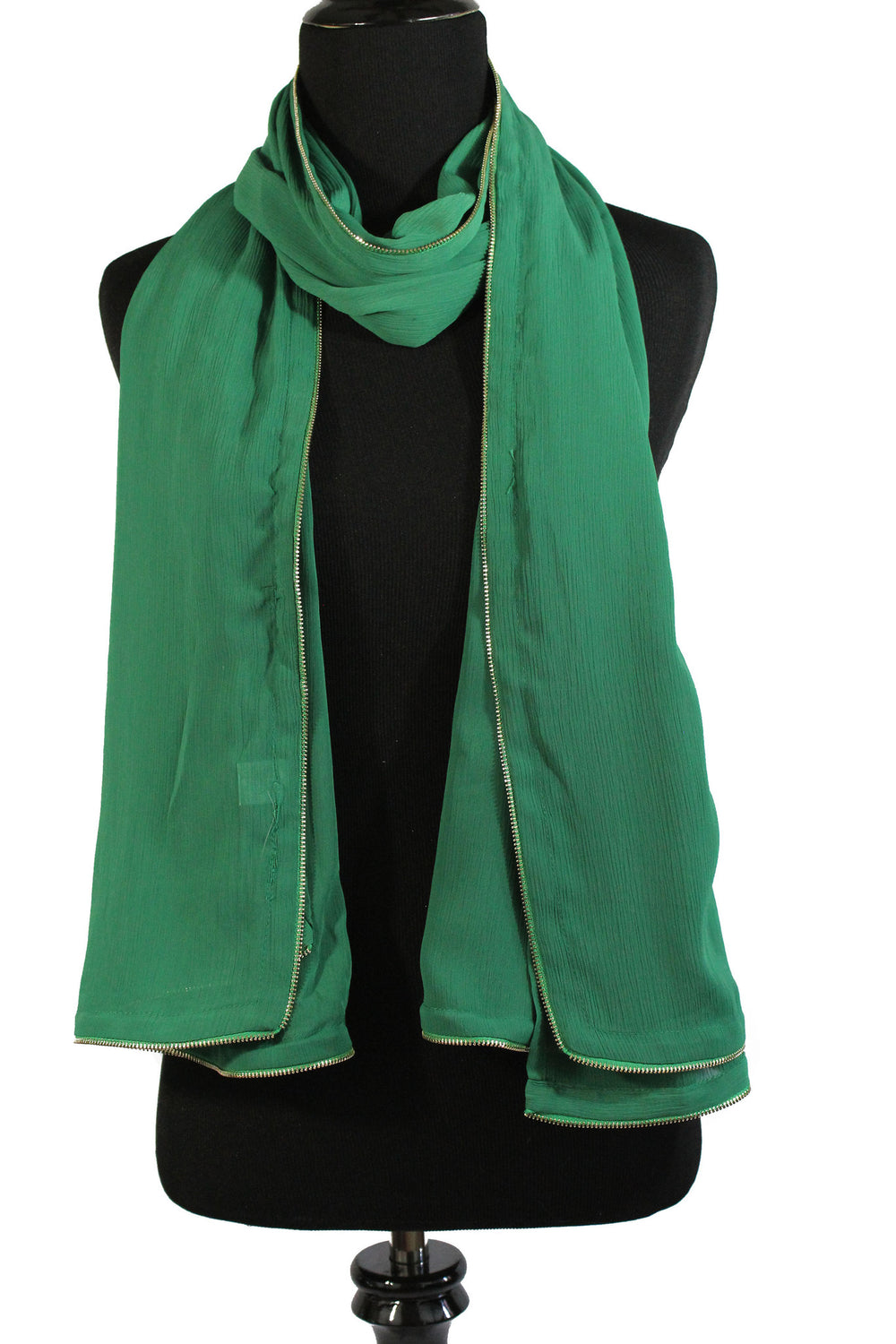 green chiffon hijab with zipper embellishment along the edges