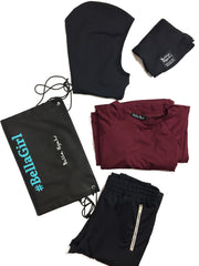 a workout bundle that includes a workout hijab, a workout top, workout pants, and a duster bag